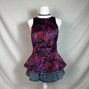 Express Peplum Top M Purple Red Black Abstract Sleeveless Zip Back Partywear